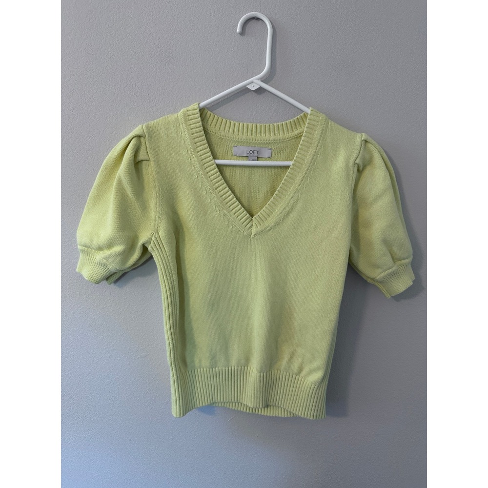 LOFT Sweater Small Yellow Puff Short Sleeve V-Neck Cotton Knit Top Sweater prep